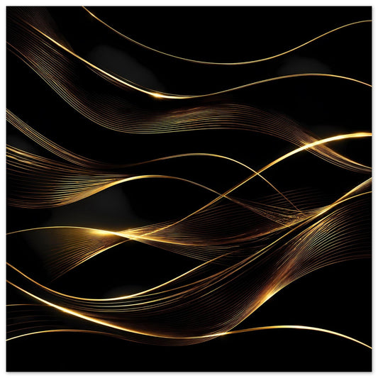 Poster mit abstrakten goldenen Wellen auf schwarzem Hintergrund, quadratisch gerahmt
