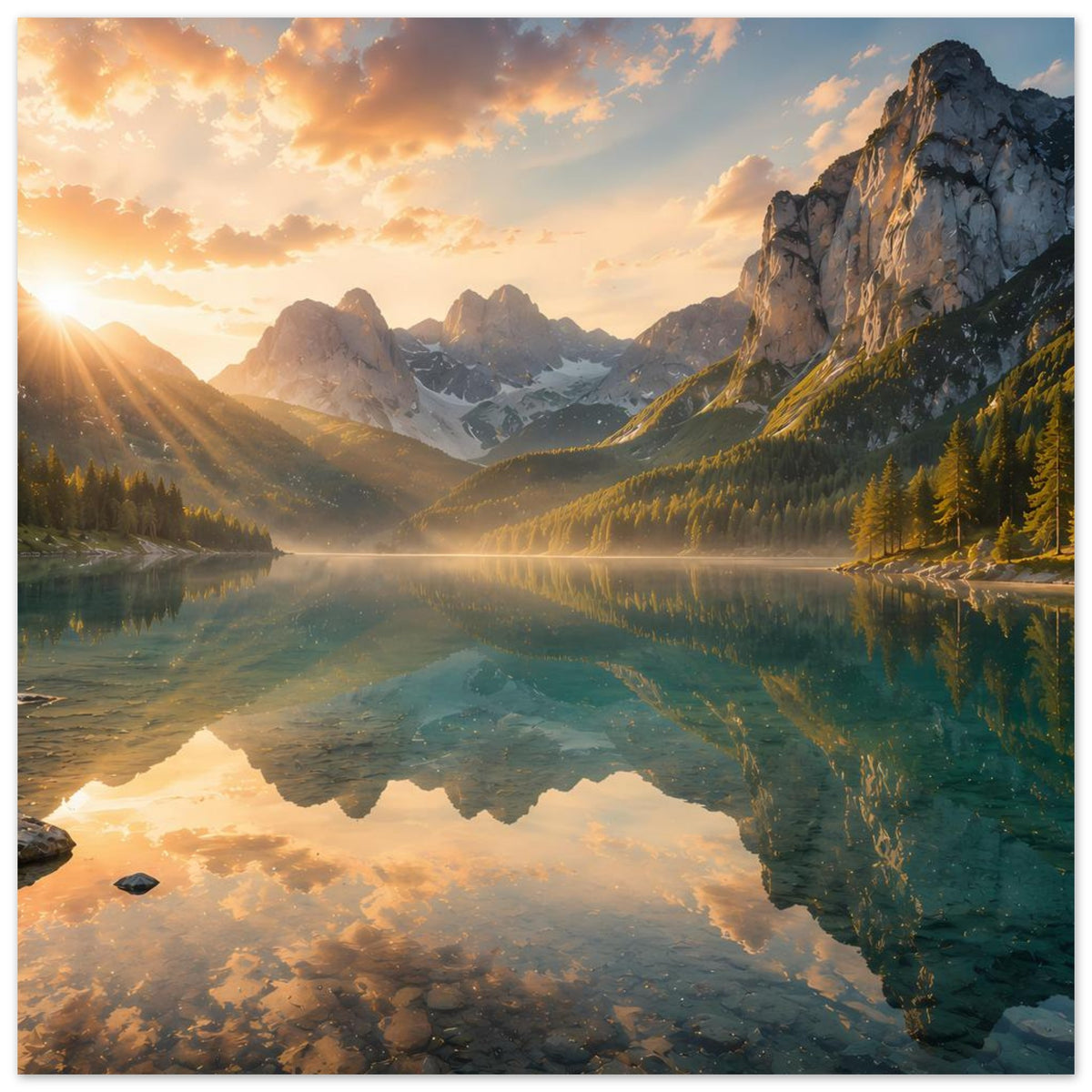 Poster mit Bergsee und Tannenwald im Sonnenaufgang, Spiegelung im Wasser, Querformat