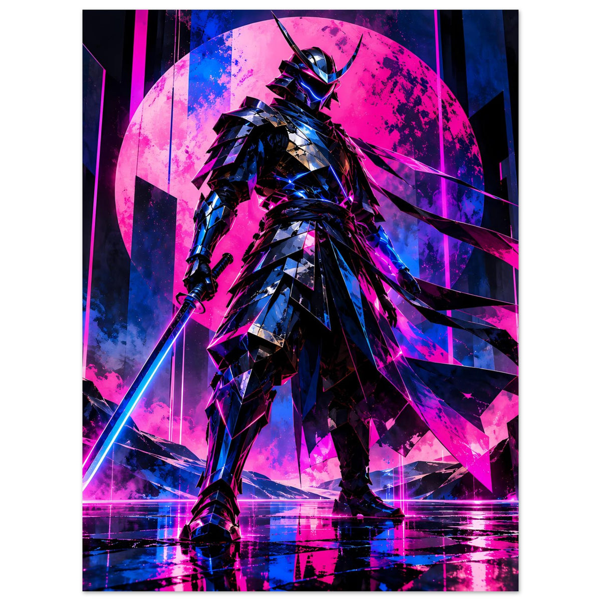 Poster mit futuristischem Samurai-Krieger, Neonlinien, pink-blau, stehende Figur