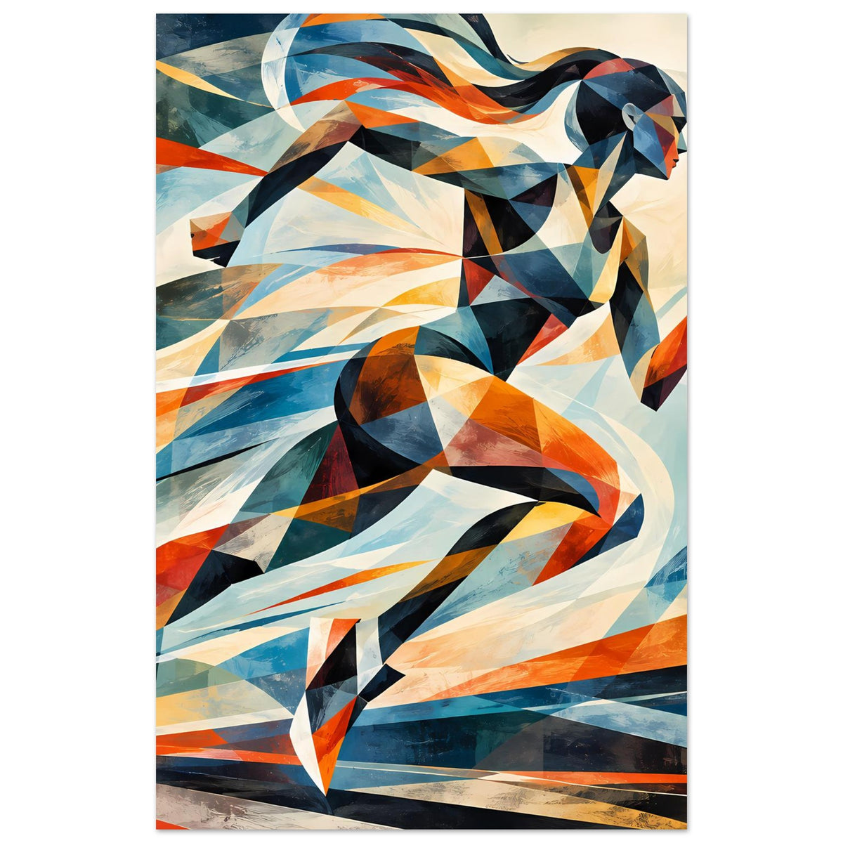 Poster mit abstrakter Läuferin, farbige Segmente in Blau, Orange und Dunkelgrün