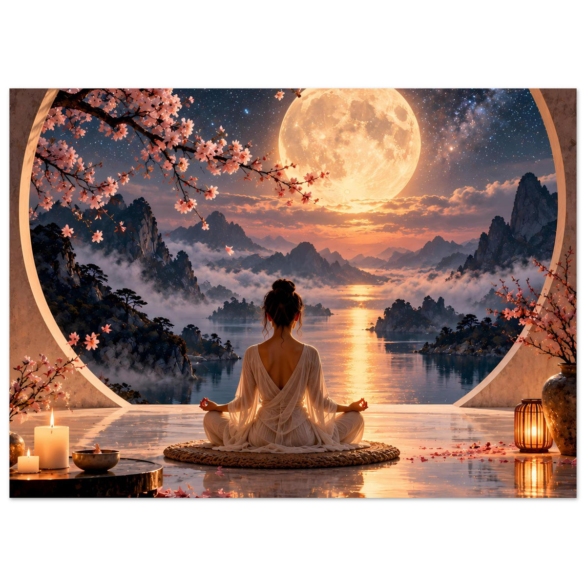 Zen-Meditationsposter: Meditierende im Vordergrund, Mondschein über See, Kerzen und Laternen