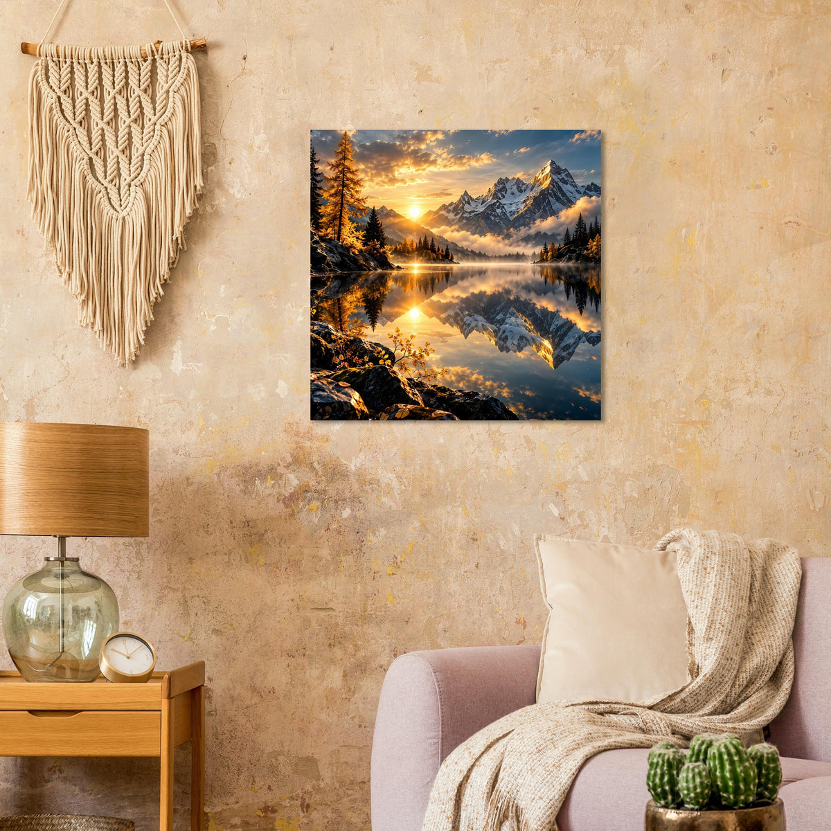 Wandposter mit Bergsee bei Sonnenaufgang, Alpengipfel und Spiegelungen im Wasser