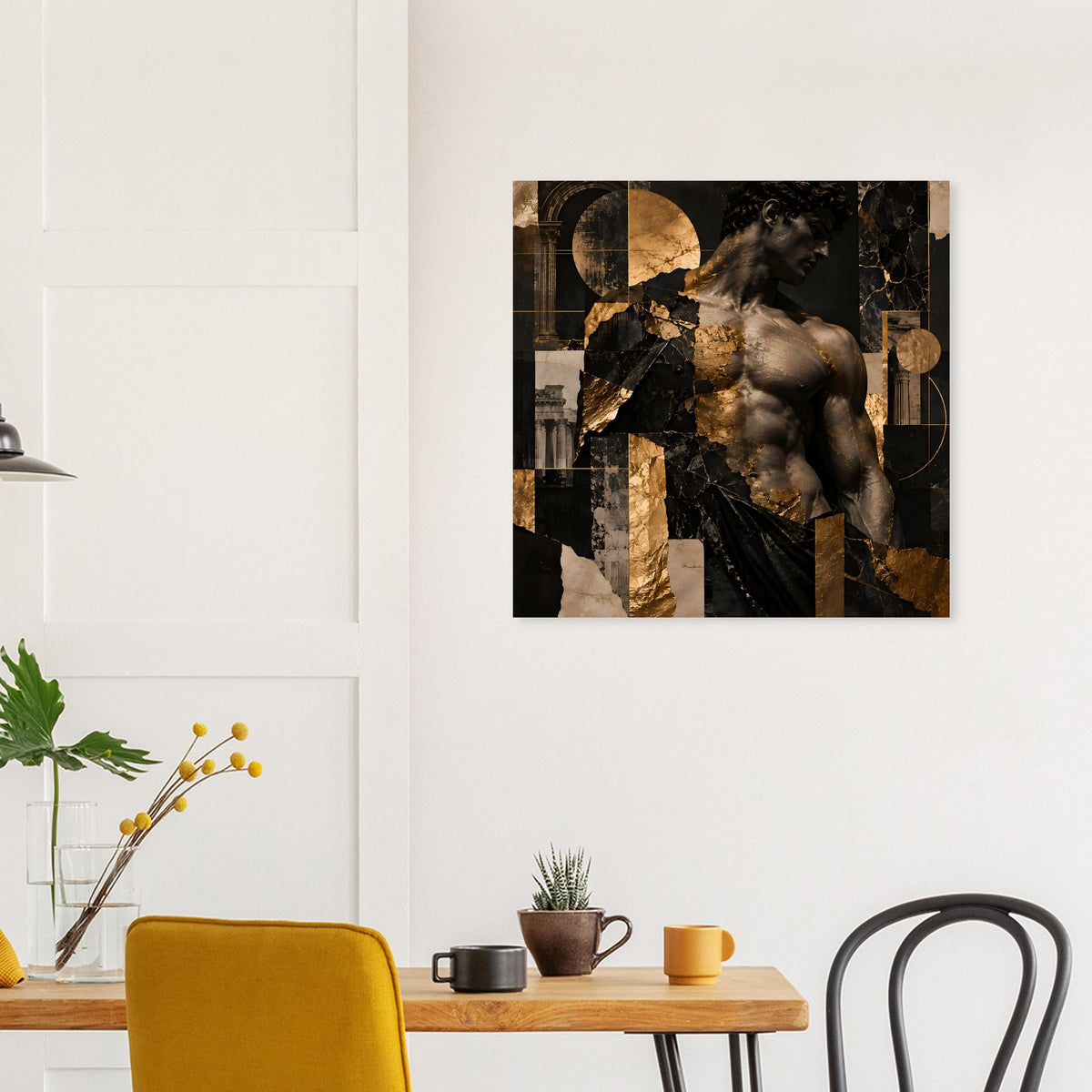 Kunstposter mit Figur in Schwarz und Gold, abstrakte Architektur-Elemente
