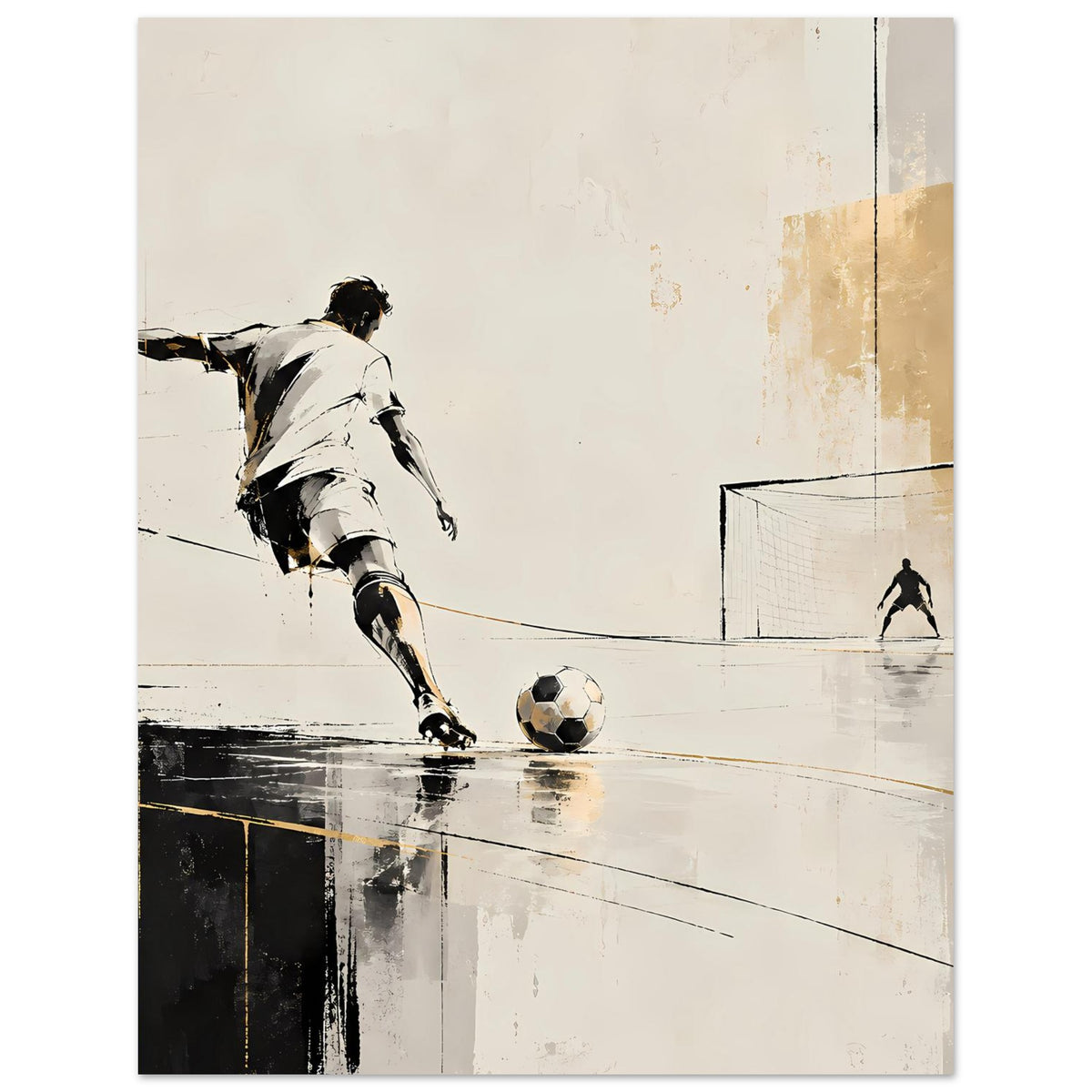Sportposter mit Fußballspieler in Bewegung, Ball vor einer Torlinie, minimaler Stil