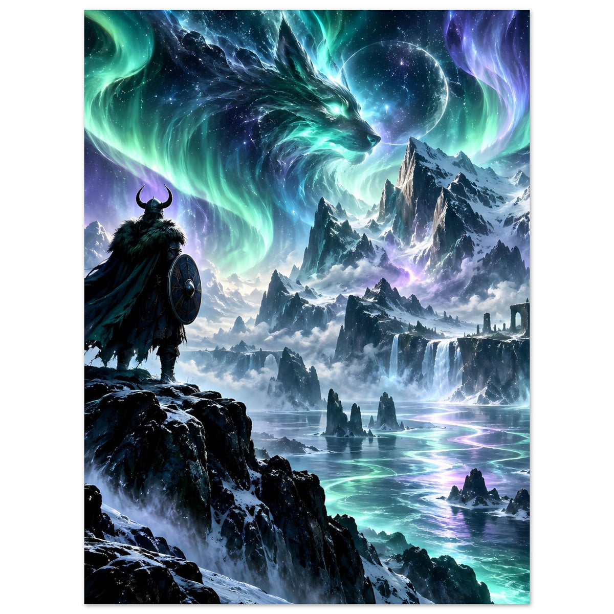 Fantasy-Poster: Umhang-Krieger vor Drachenkopf, Polarlicht über Bergen und Ruinen im Eis