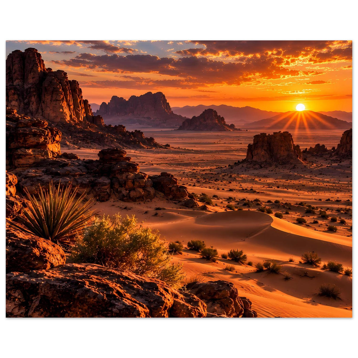 Vertikales Poster mit Wüste bei Sonnenuntergang: Sandpfad, Dünen und Felskulisse