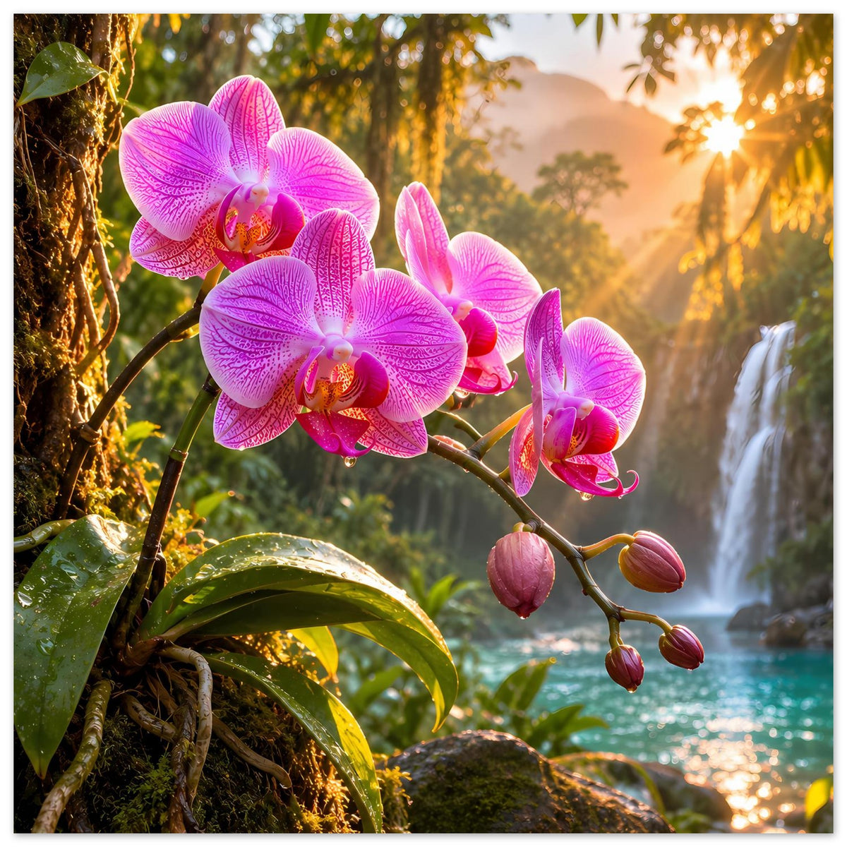 Naturposter mit pinken Orchideenblüten, Wasserfall und Sonnenstrahlen im Hintergrund
