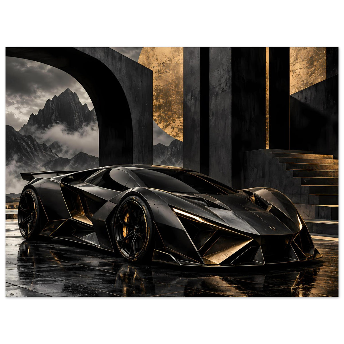 Autoposter mit futuristischem Supersportwagen in Schwarz und Gold, frontale 3/4-Perspektive