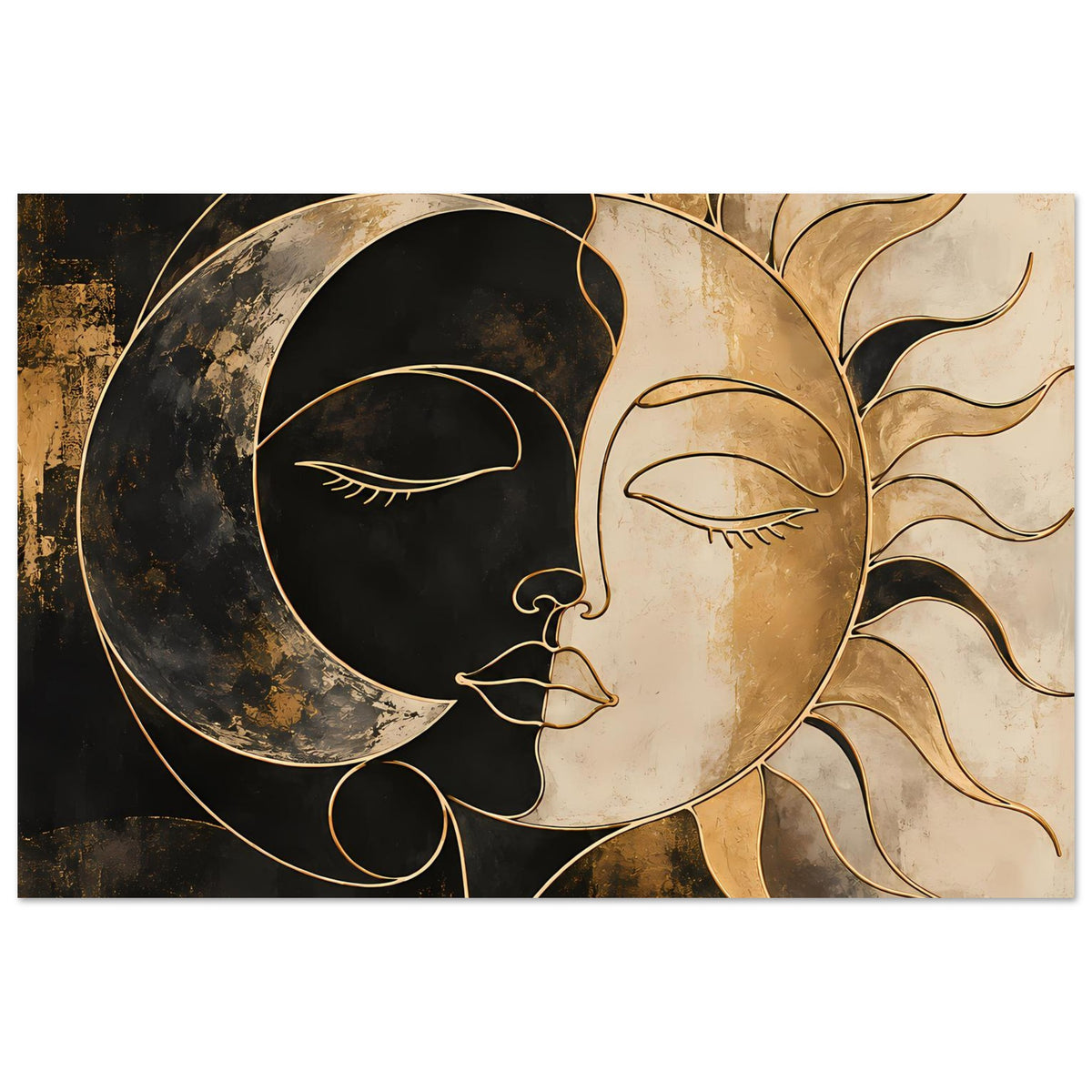 Kunstposter mit Yin-Yang-Gesichtern, dunkler Mond links und goldene Sonne rechts, naher Ausschnitt