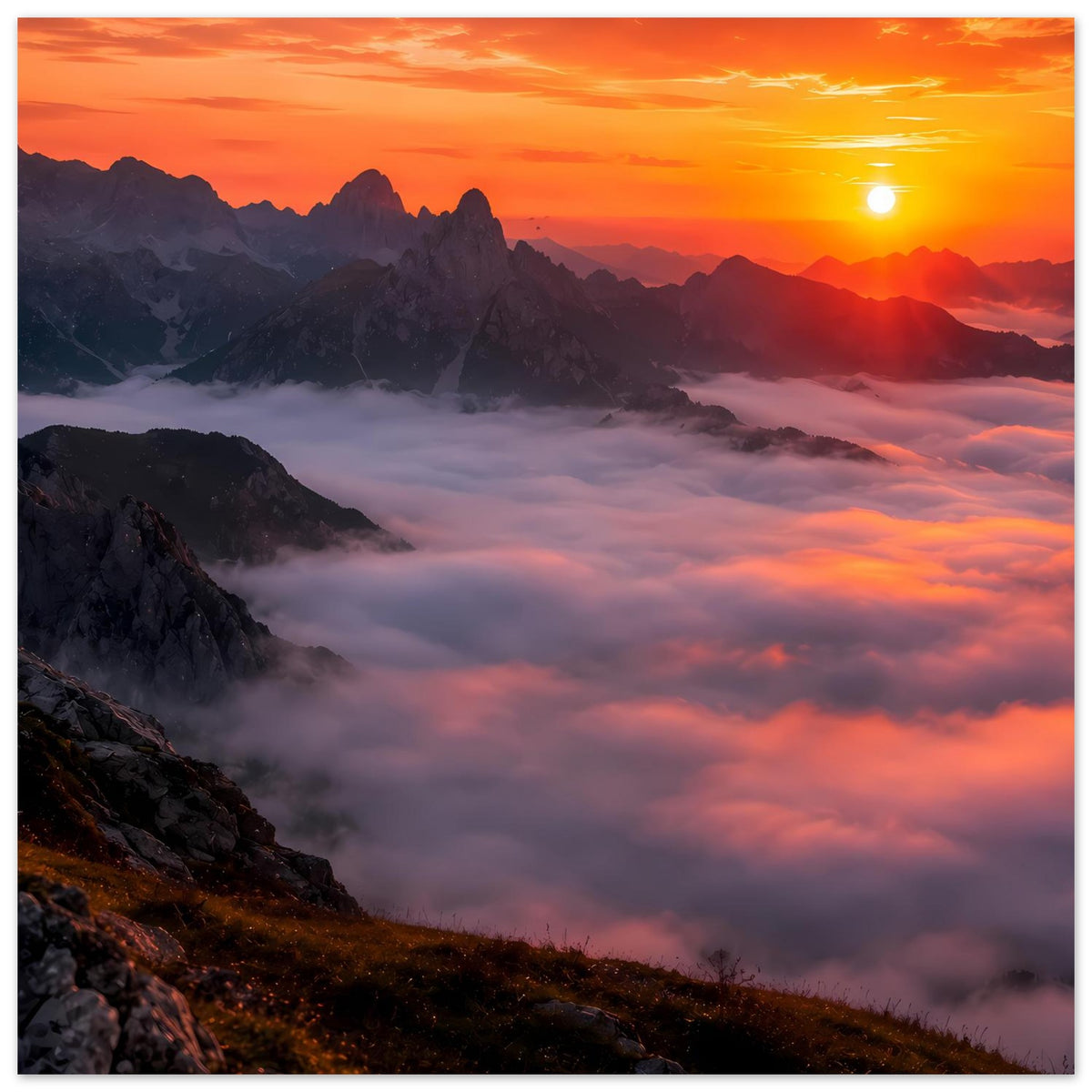 Horizontales Poster mit Sonnenuntergang, Bergkette und Nebel in warmen Farben.