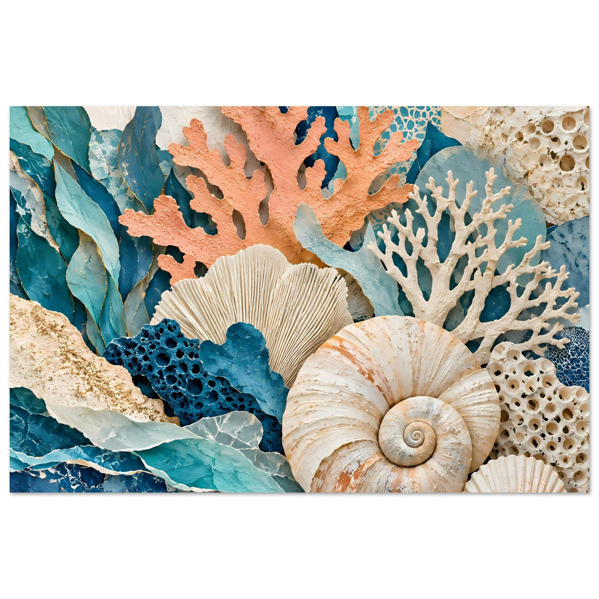 Poster mit Korallen- und Muschelmotiv in Blau-, Türkis- und Beigetönen, quer