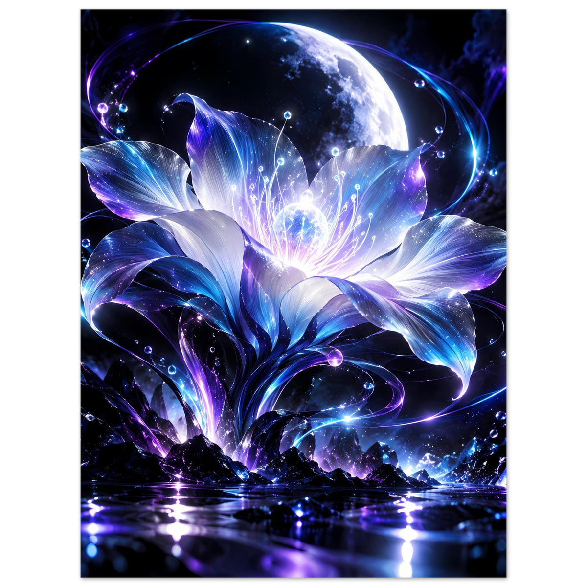 Poster, hochkant: leuchtende Mondblume in Blau/Lila, Wasserreflexe und Lichtpunkte.