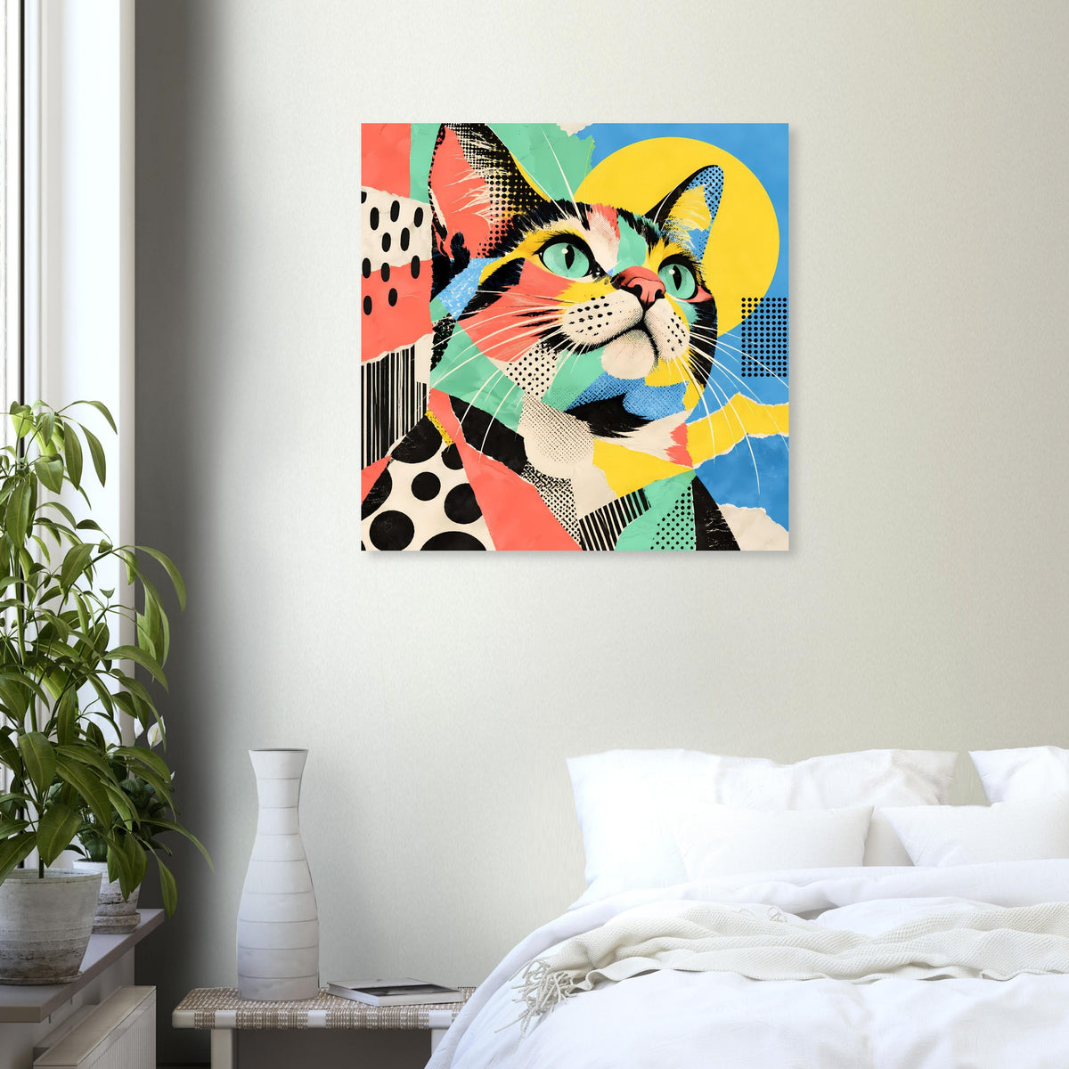 Pop-Art-Katzenposter mit Katzenkopf-Illustration, quadratischer Rahmen