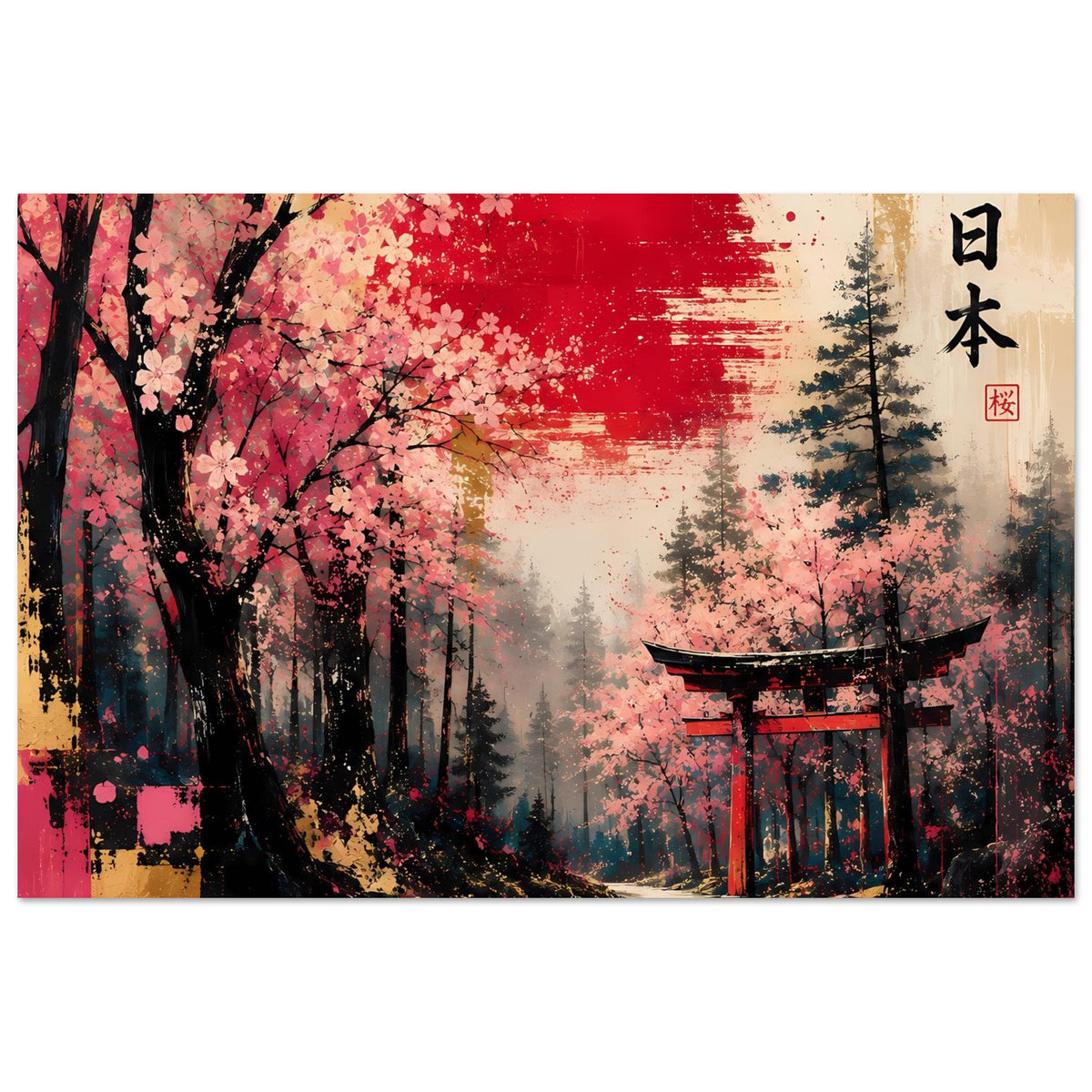 Poster im Querformat mit japanischem Torii, Kirschblütenregen und rotem Halbmond über Wald