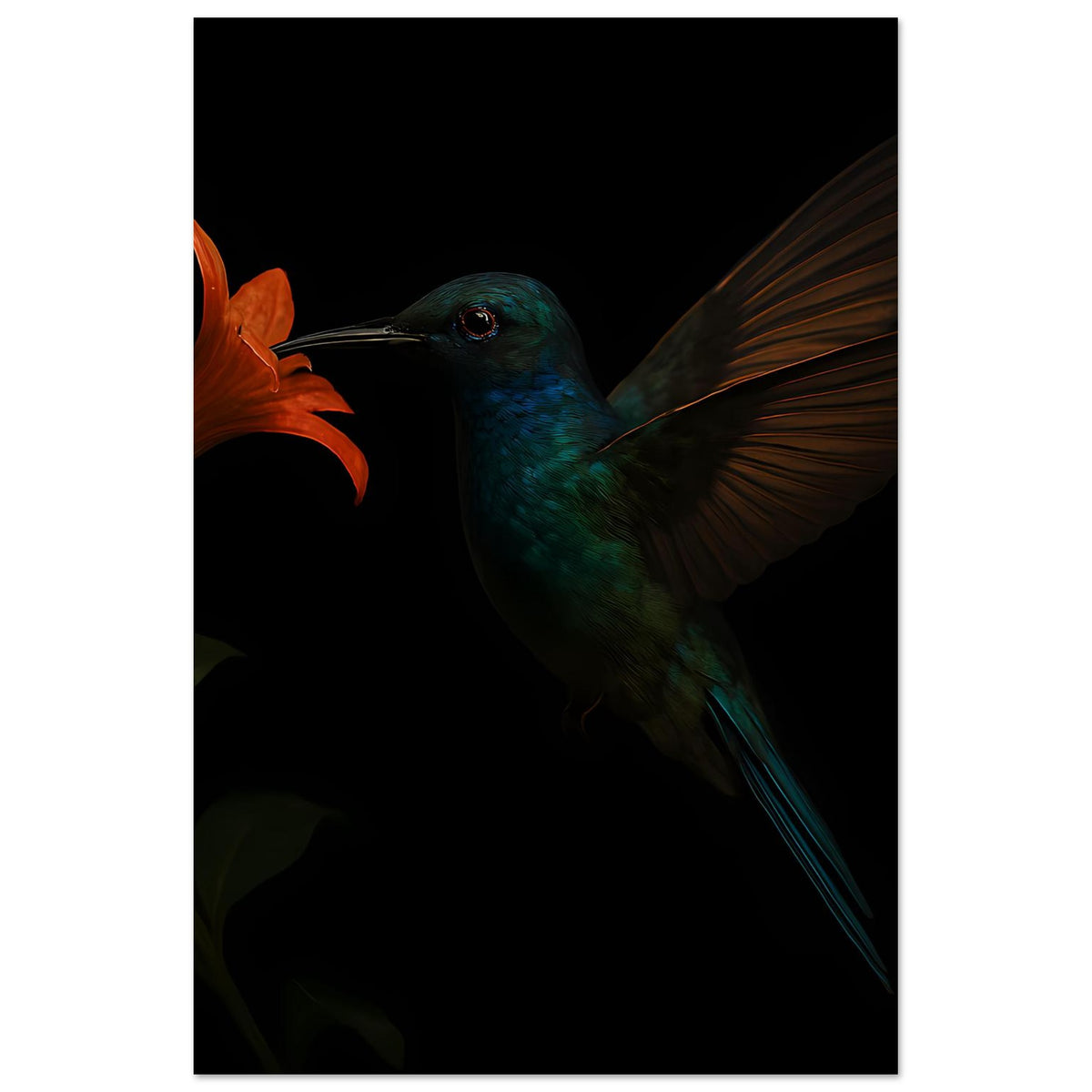 Vertikales Kunstplakat: grüner Kolibri mit ausgebreiteten Flügeln neben orangefarbener Blüte