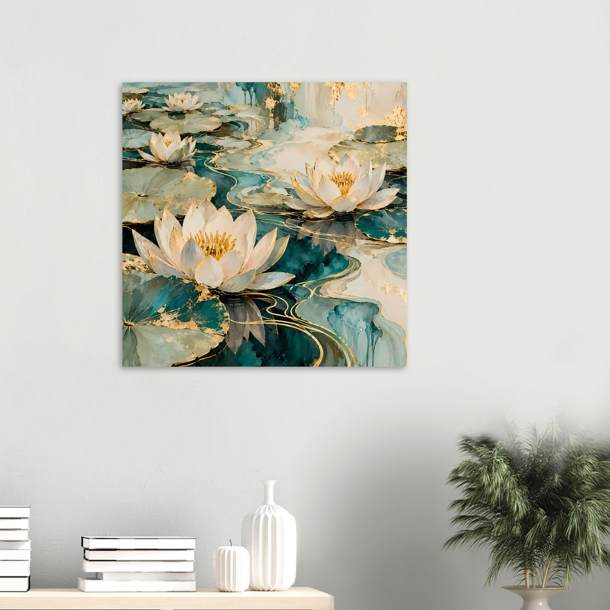Quadratisches Wandposter mit weißen Lotusblüten, türkisblauen Wasserflächen und goldenen Akzenten