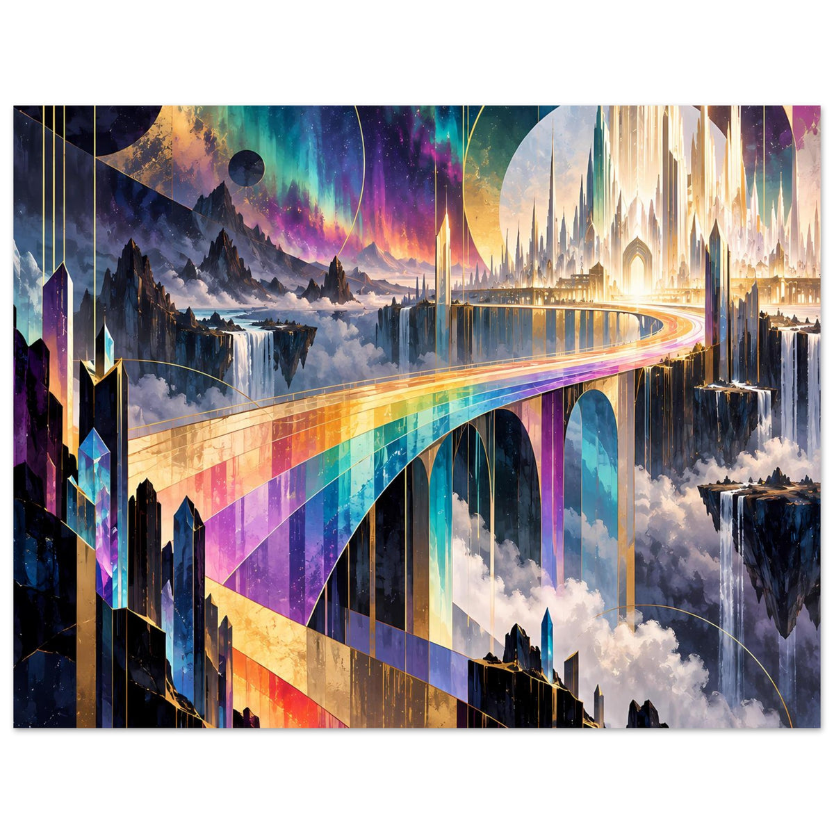 Poster mit Regenbogenbrücke, leuchtender Lichtlinie, hohen Gebäuden und bunten Farbverläufen