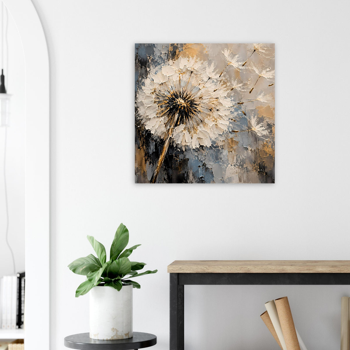 Löwenzahn-Kunstposter mit feinen Pustefäden und bronzefarbenen Schimmern