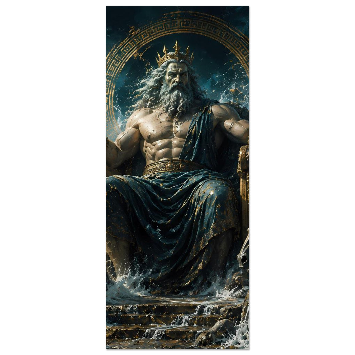 Hochformat-Poster, Poseidon-Statue im Ausschnitt mit Dreizack und Ornamentbogen
