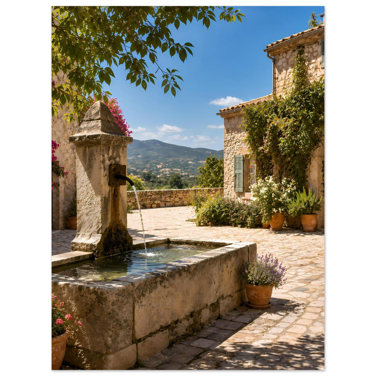Poster: Steinfbrunnen im Innenhof, Wasserstrahl und Wasserbecken mit Pflanzen am Rand