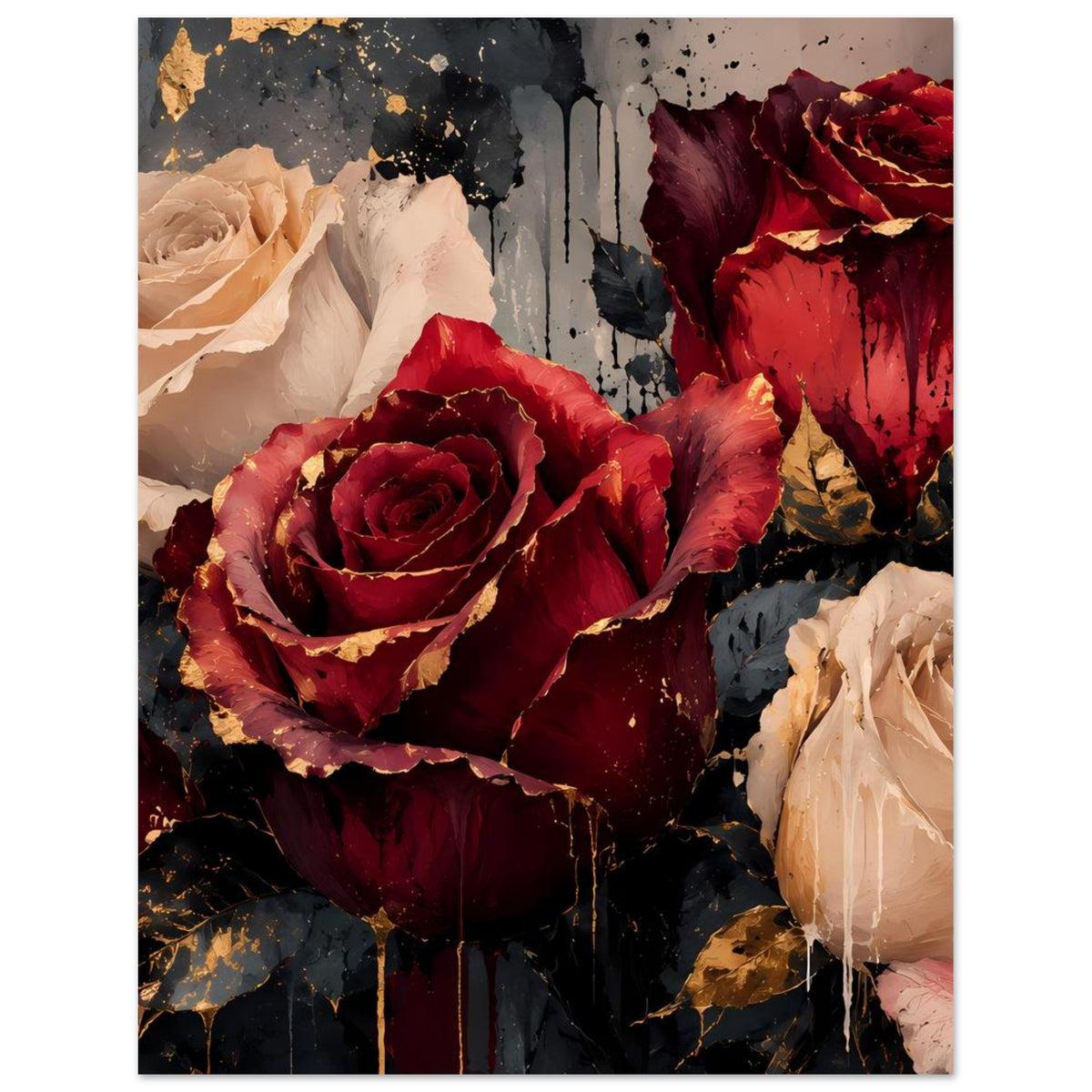 Kunstposter, vertikal: bordeauxrote Zentralrose und cremefarbene Rosen mit Goldakzenten