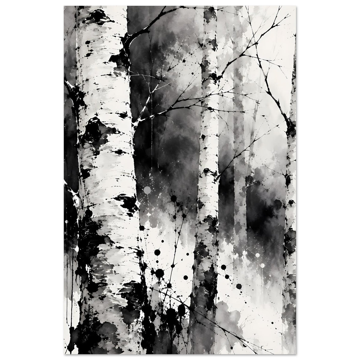 Vertikales Poster mit monochromem Birkenwald, kontrastreiche Stämme und schwarze Äste