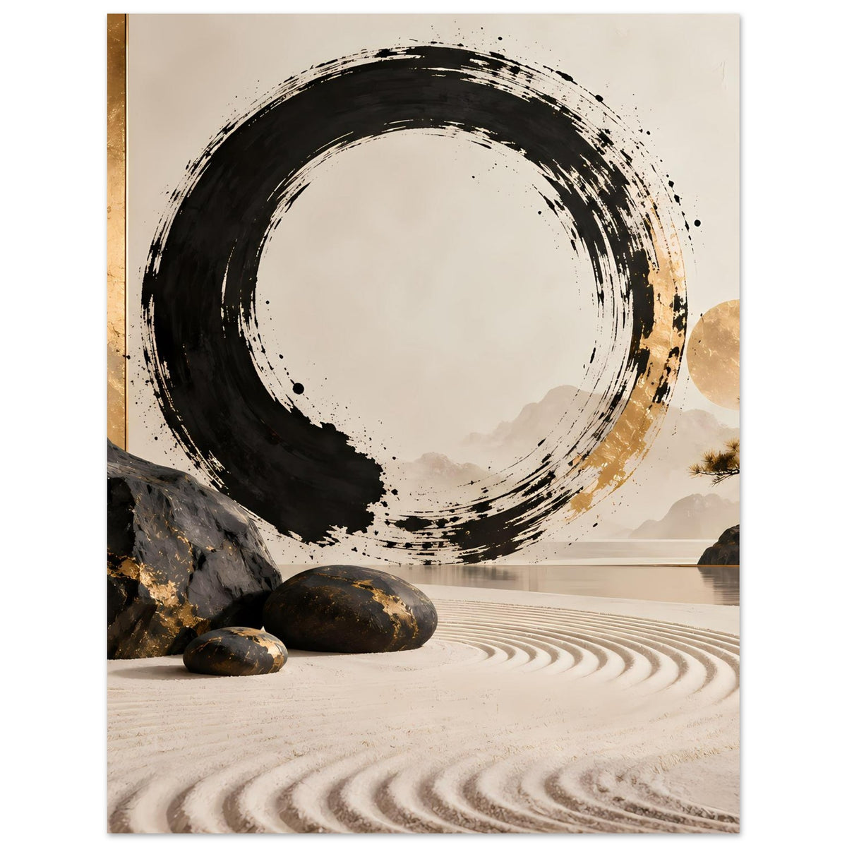 Schwarz-goldenes Zen-Wandbild mit schwungvollem Pinselstrich
