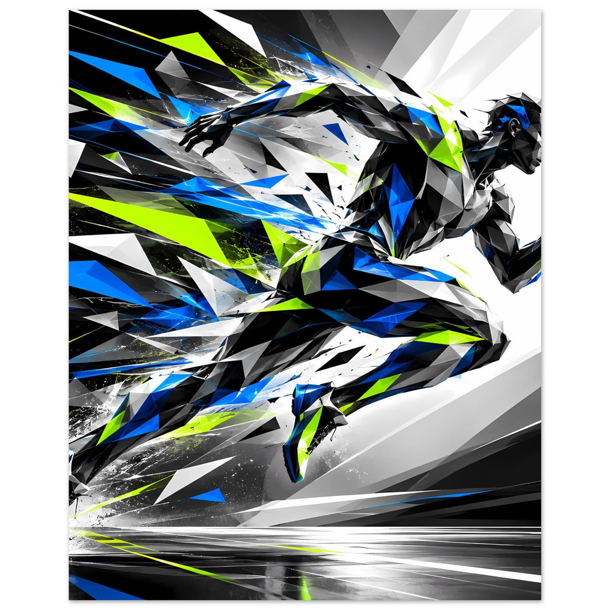 Laufkunst-Poster, Hochformat, geometrische Lauffigur in Blau, Schwarz und Neon-Grün