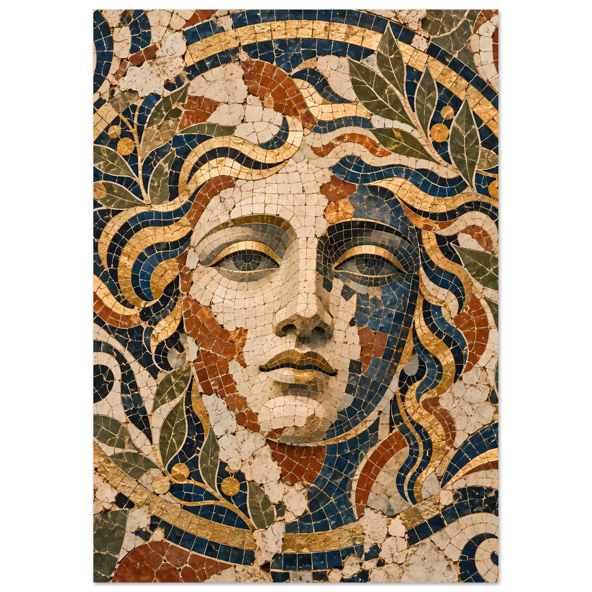 Hochformatiges Poster: Mosaik-Göttin mit weißem Gesicht und blauen Ornamenten