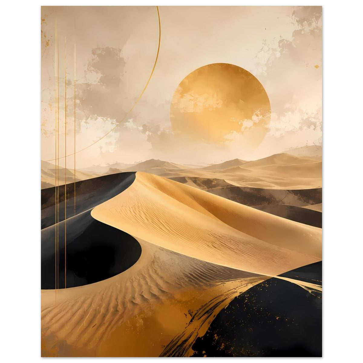 Poster mit Wüstenlandschaft: goldene Dünen, schwarzer Sand und Sonnenscheibe