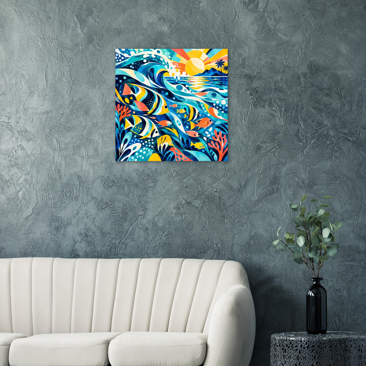 Quadratisches Poster im Rahmen mit bunten Fischen, Ozeanwellen und Sonne