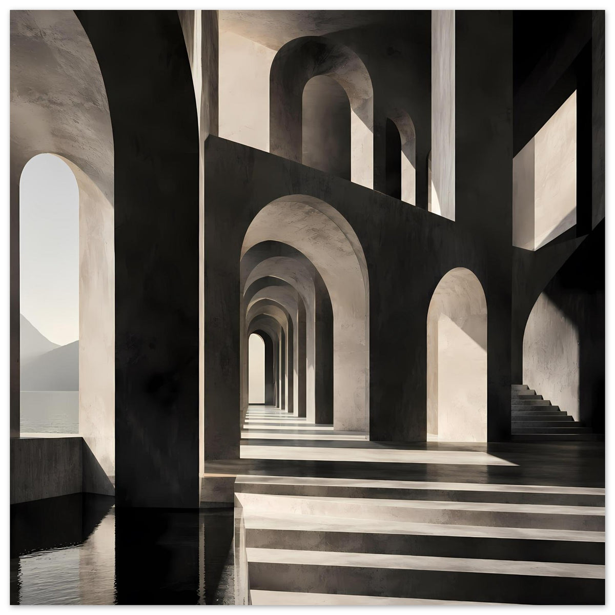 Architekturposter mit schwarzen und weißen Rundbögen, perspektivisch im Flur