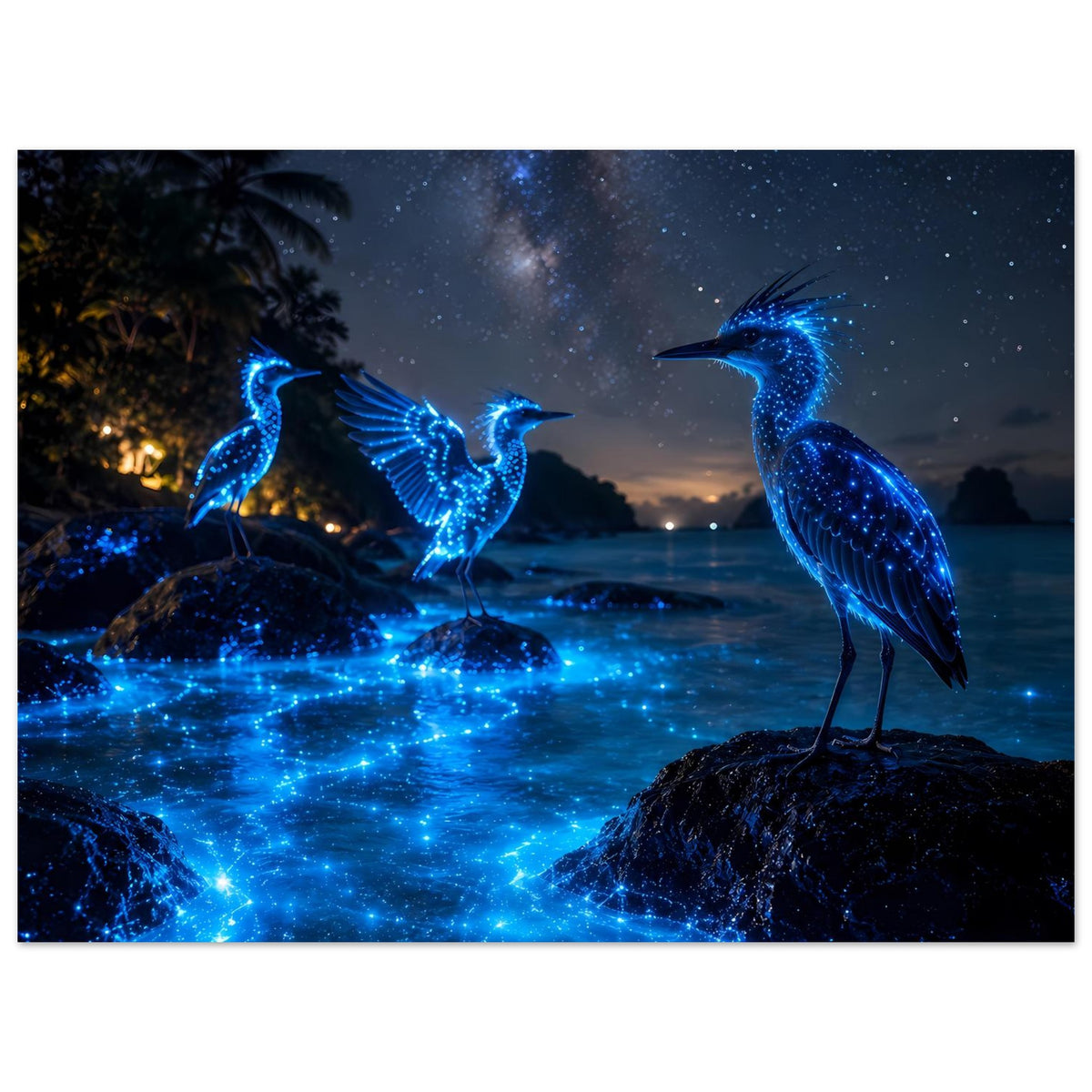 Poster mit leuchtenden blauen Nachtvögeln, Sternenlicht über blau schimmerndem Wasser