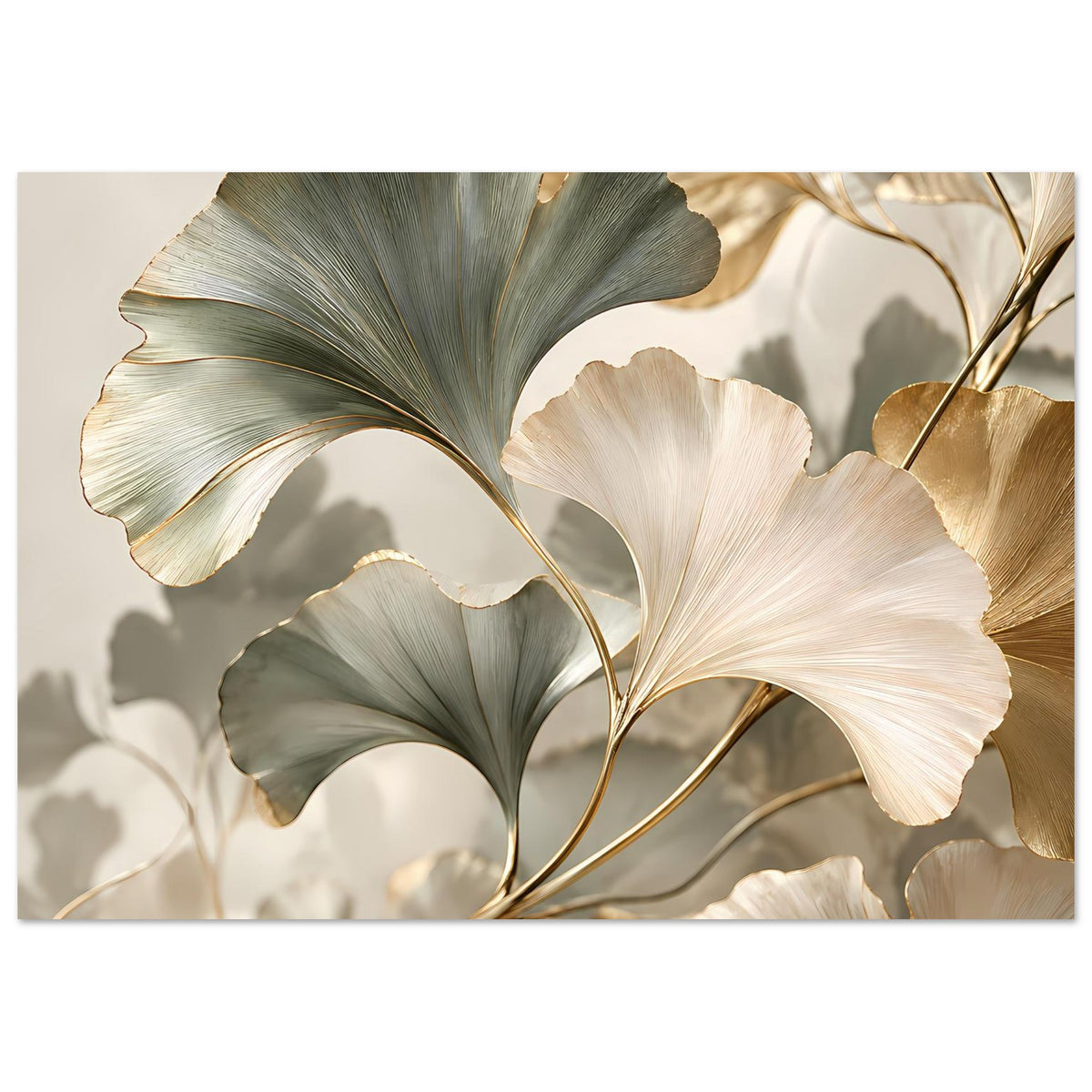Ginkgo-Blätter Poster mit sanften Grün- und Weißflächen sowie goldener Kontur.