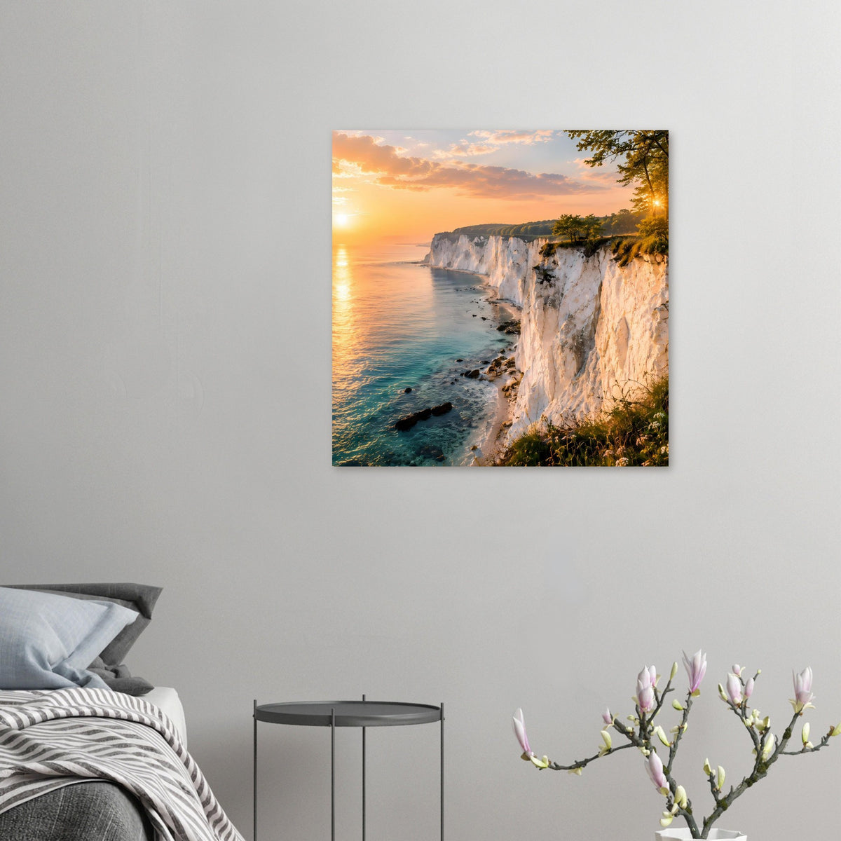 Quadratischer Posterdruck mit Küstenklippe, Meer und Sonnenuntergang