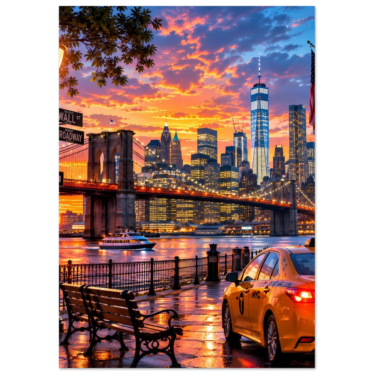 Stadtposter mit New-York-Skyline bei Sonnenuntergang, Brücke, gelbes Taxi und Sitzbank