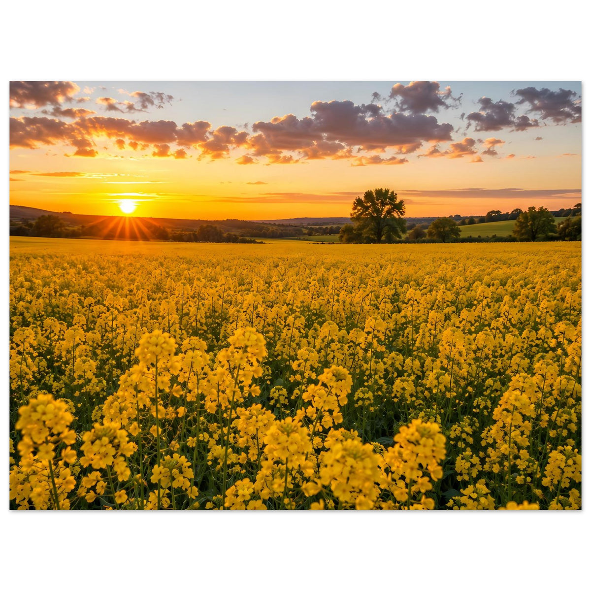 Landschaftsposter mit gelber Blumenwiese, goldener Sonne am Horizont und Wolkenhimmel