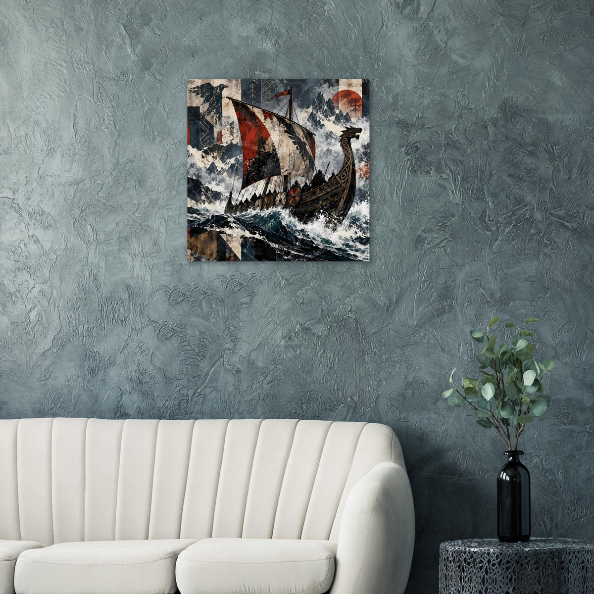 Wikinger-Langschiff-Poster: Boot auf schwarzer See mit rotem Segel und Mond im Hintergrund