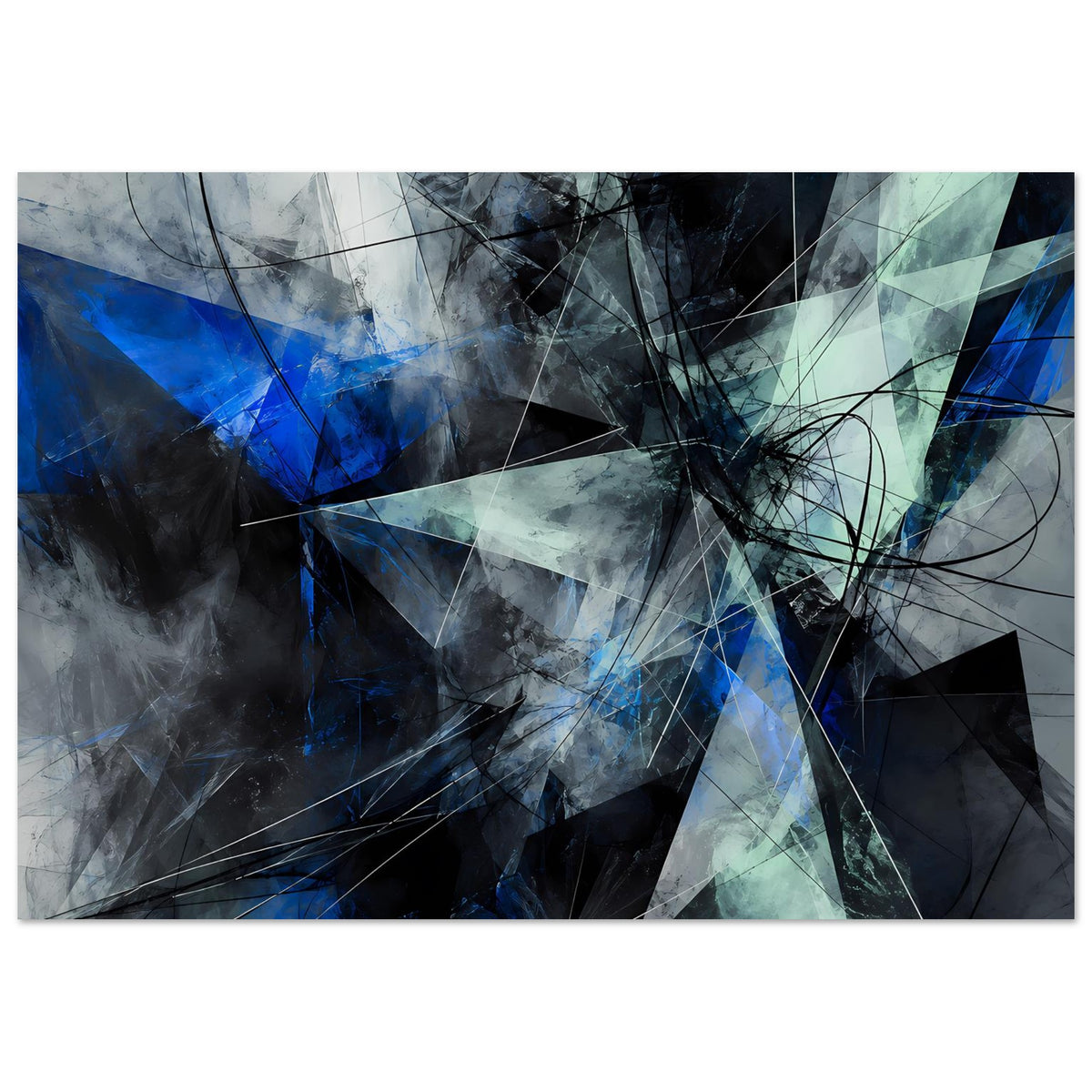 Abstraktes geometrisches Poster, blau, türkis und grau, Dreiecke, Striche und Linien