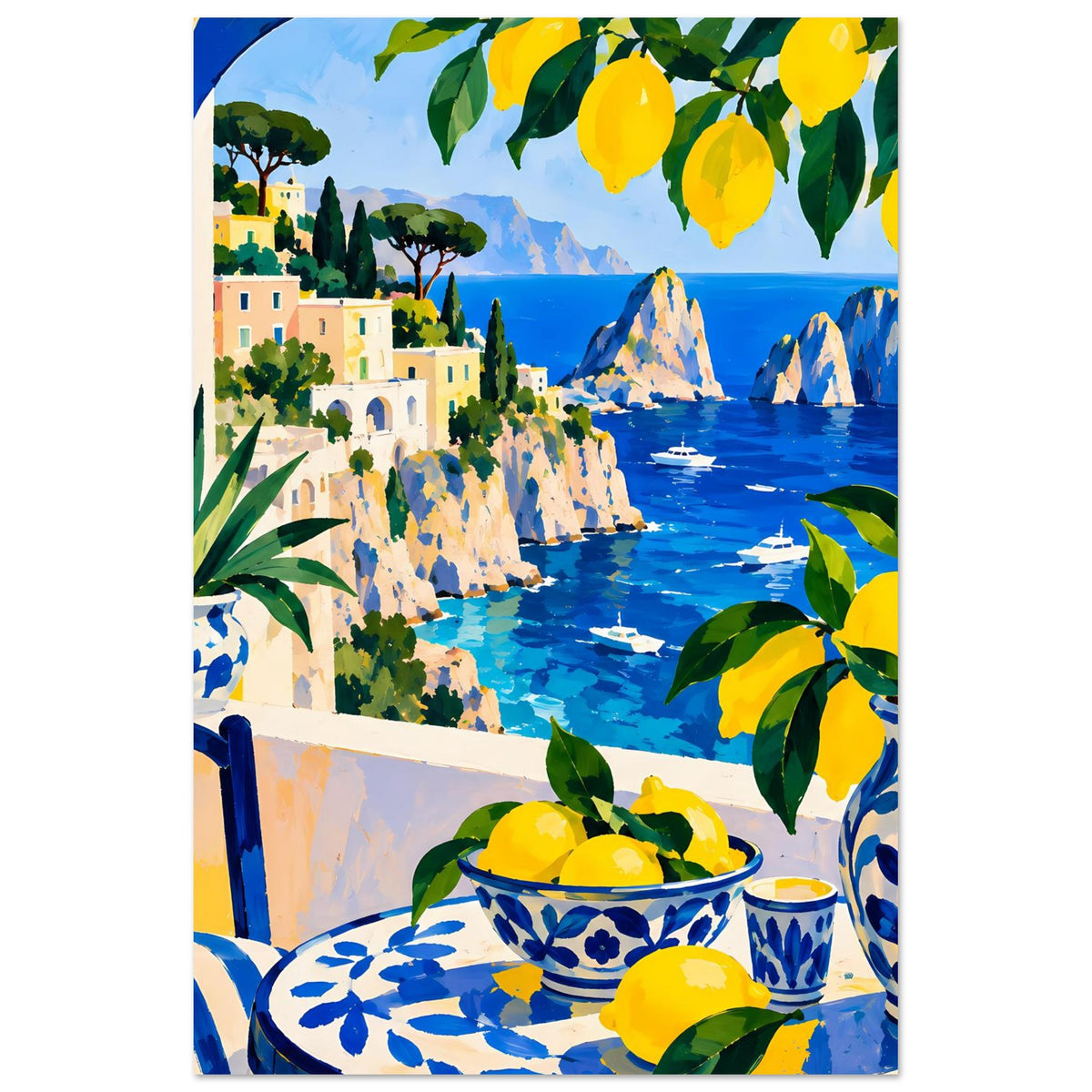 Vertikales Poster mit mediterraner Küste: Zitronen im blauen Porzellanschälchen, Meer