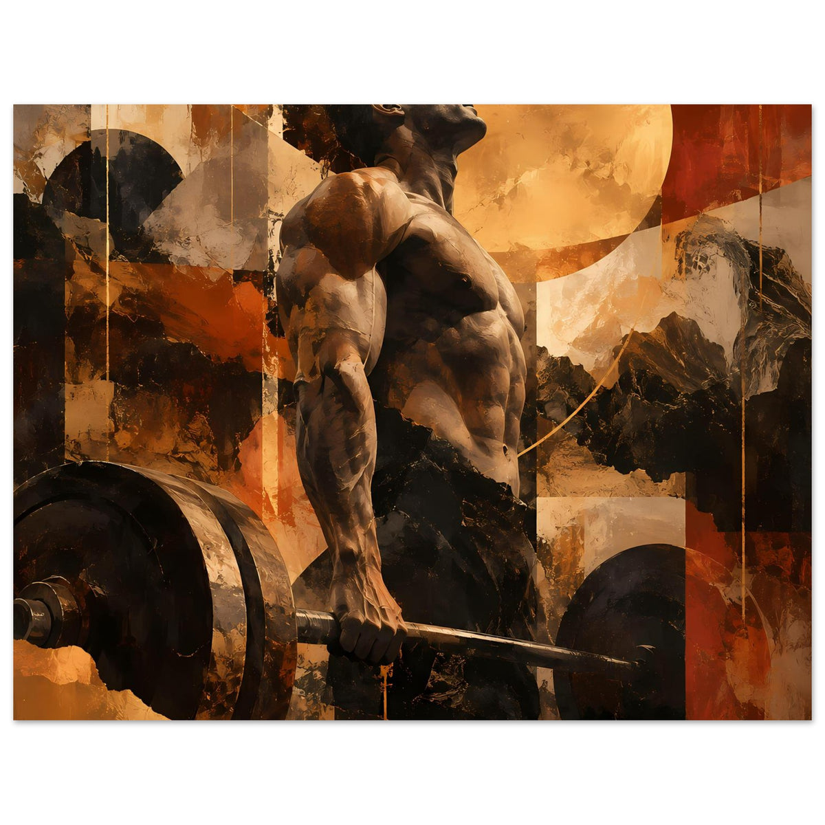 Fitness-Artposter mit aufgemaltem Hund an der Hantelstange, warmes Erdtöne, querformat