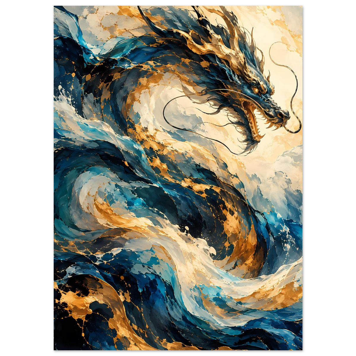 Fantasy-Poster mit liegendem Drachenmotiv, überwiegend Blautöne mit goldenen Highlights