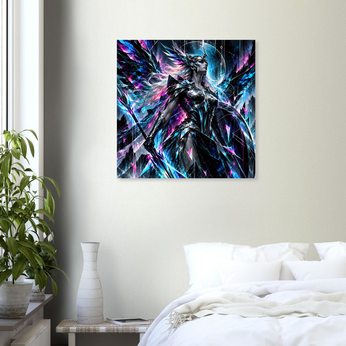 Quadratisches Poster mit zentrierter Valkyrie, Neonblau, Pink und dynamischen Lichtfäden