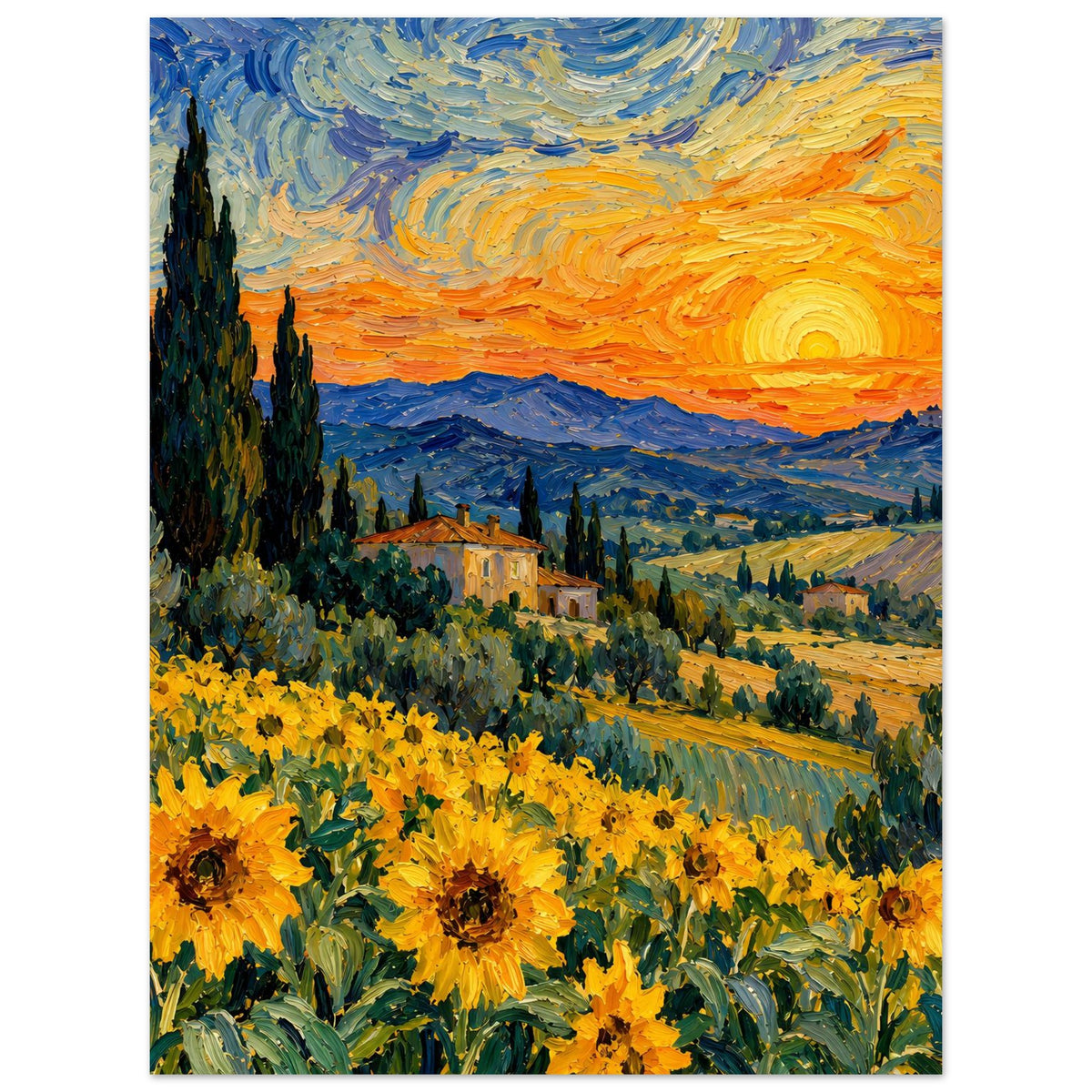 Kunstposter im Hochformat mit Sonnenuntergang über Berglandschaft und Sonnenblumen