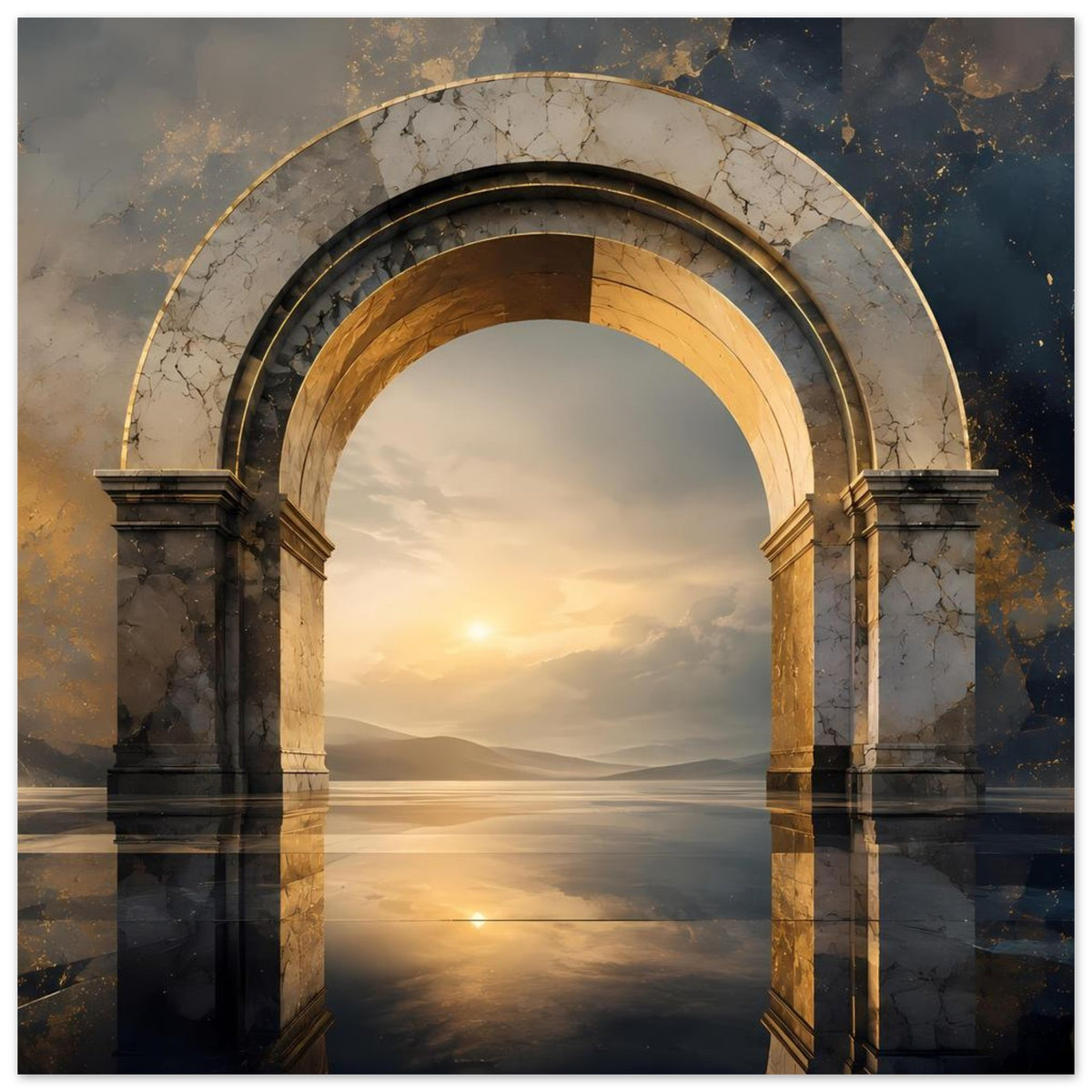 Poster mit antikem Marmorbogen, goldenen Kanten und Sonnenuntergang über spiegelndem Wasser