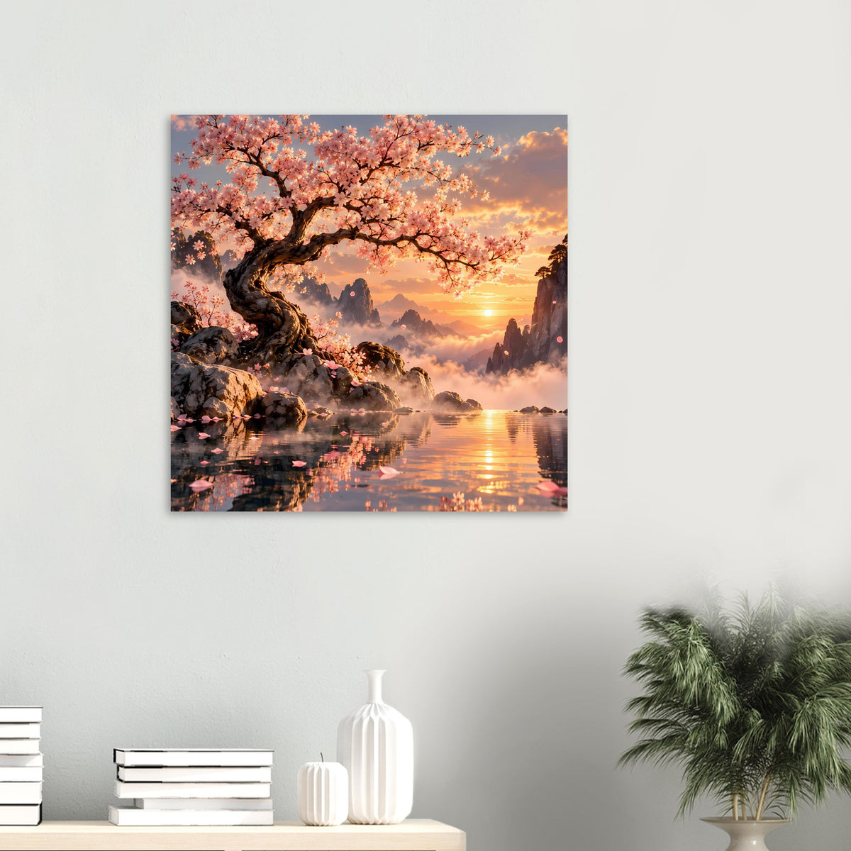 Quadratisches Poster: rosa blühender Baum, neblige Berge und spiegelndes Wasser beim Sonnenuntergang