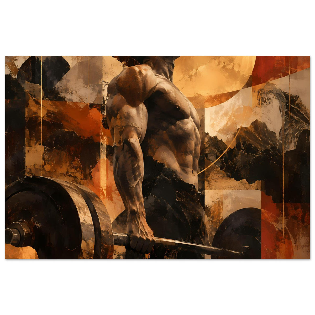 Fitness-Artposter mit aufgemaltem Hund und Hantelstange, warmes Erdtöne, querformat