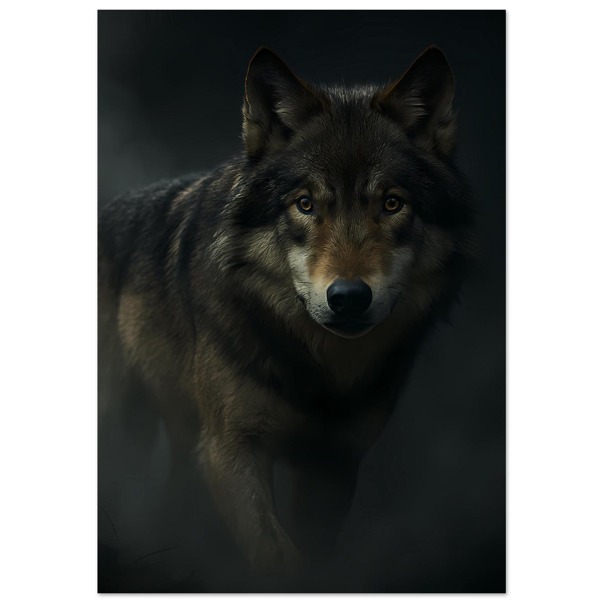 Poster mit Wolfsportrait: grauer Wolf frontal, dunkle Farbstimmung