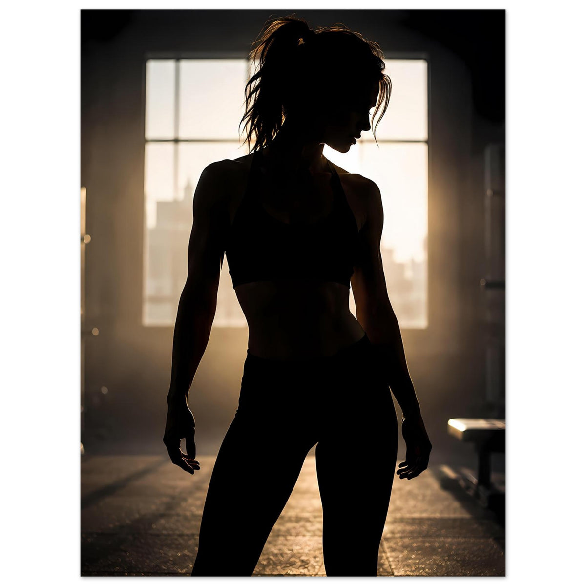 Fitnessposter im Hochformat: Silhouette einer Sportlerin im Fitnessstudio