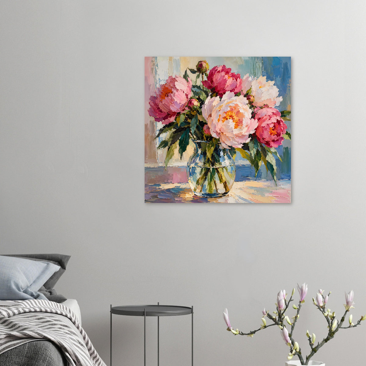 Kleines Blumenposter: Pfingstrosen in Vase, Ölmalerei-Stil